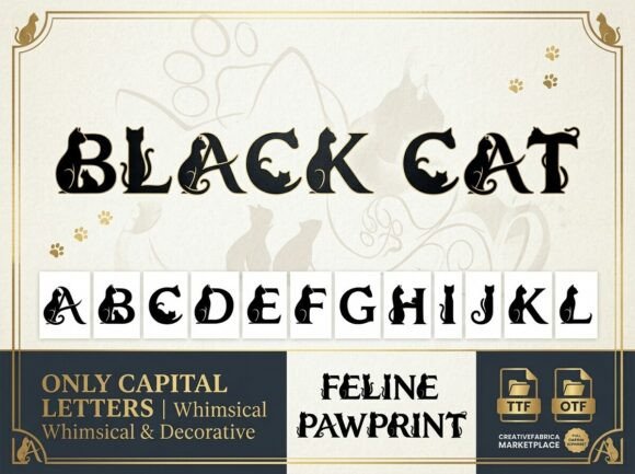 Black Cat and Feline Pawprint: Whimsical Decorative Serif